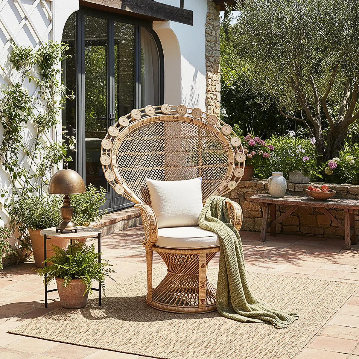JENNY HOME - Silla para Terraza Mimbre Pavo Real Beige 150x120x60 cm