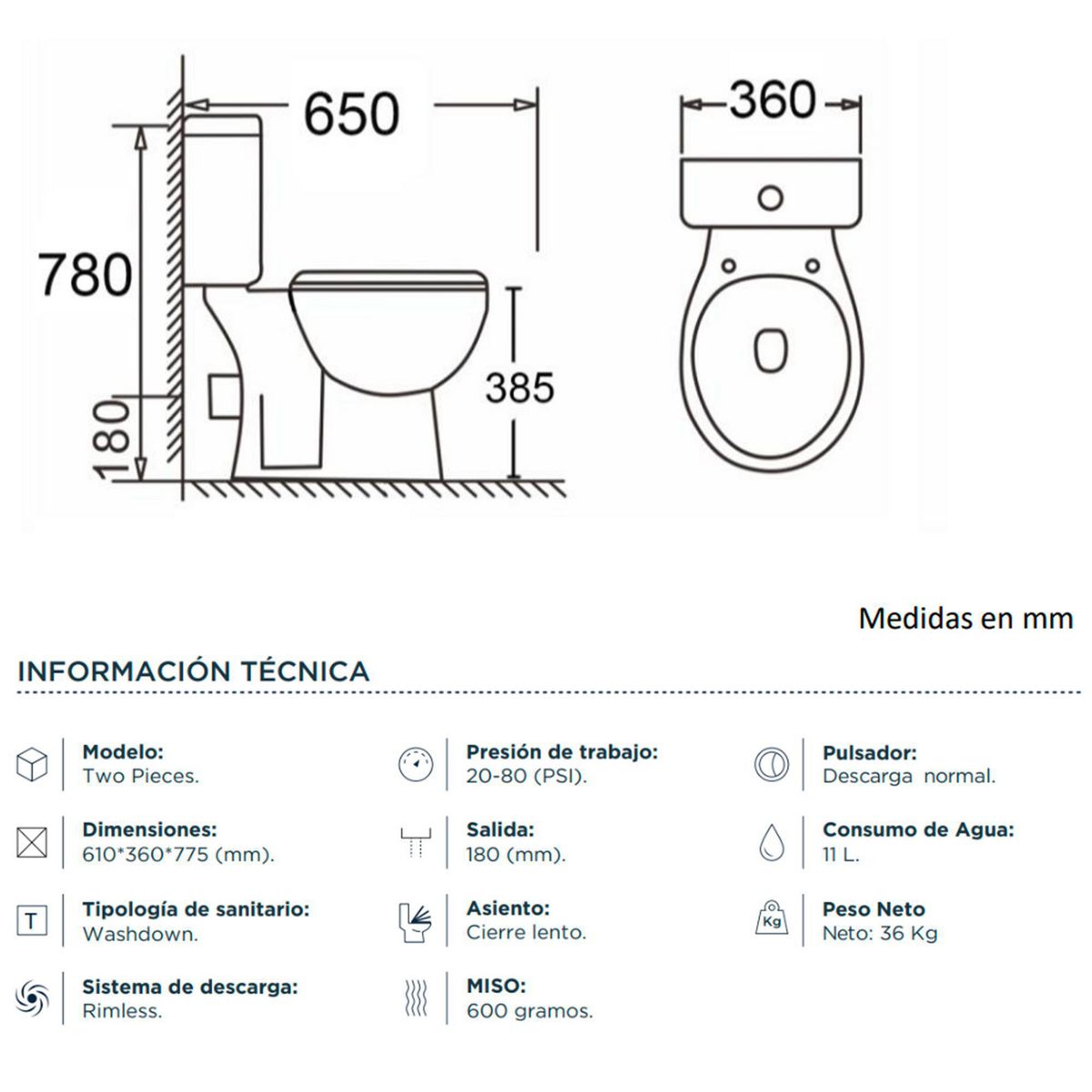 Sanitario Two piece a Muro 18 cm 11 Litros OLIMPIA Blanco, marca KLIPEN - Foto 2