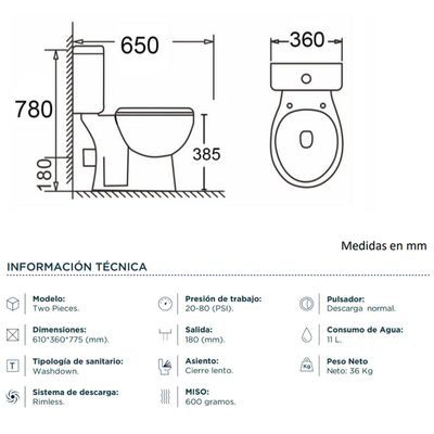 Imagen 2 del producto Sanitario Two piece a Muro 18 cm 11 Litros OLIMPIA Blanco