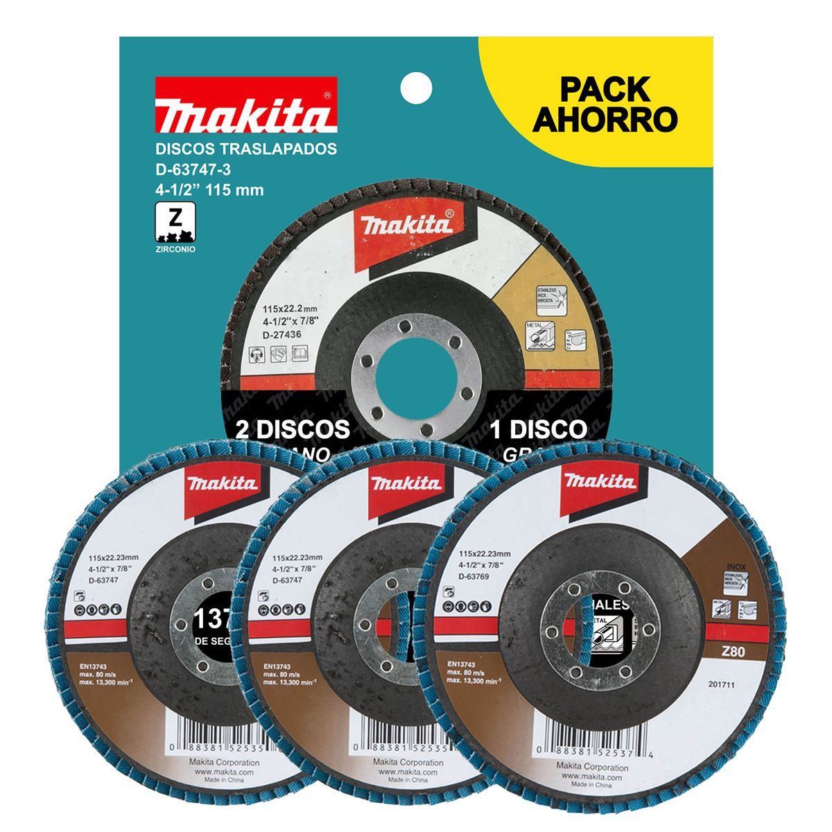 MAKITA - Pack 3 Disco Flap 4 1/2" - 2 unidad Grano 40 + 1 unidad grano 80 