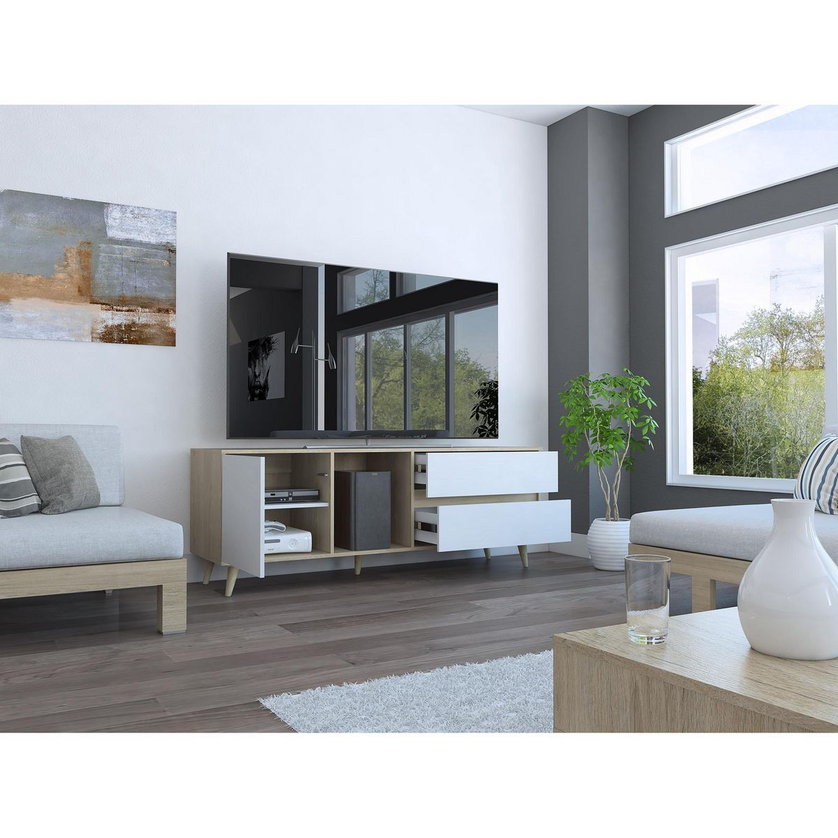 TUHOME - Rack TV 60 " Acacia Rovere/Blanco 158.4x58.4x45.6 cm