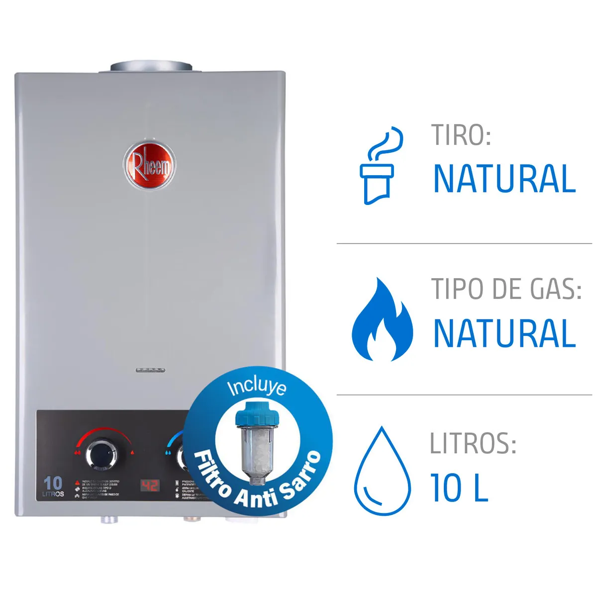 RHEEM - Calefónt Gas Natural 10 Litros Tiro Natural Ionizado
