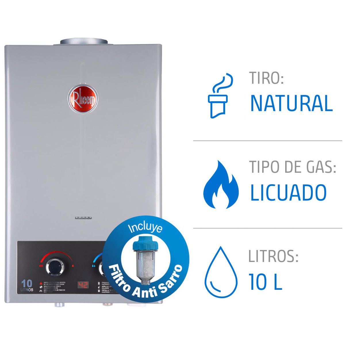 RHEEM - Calefónt Gas Licuado 10 Litros Tiro Natural Ionizado