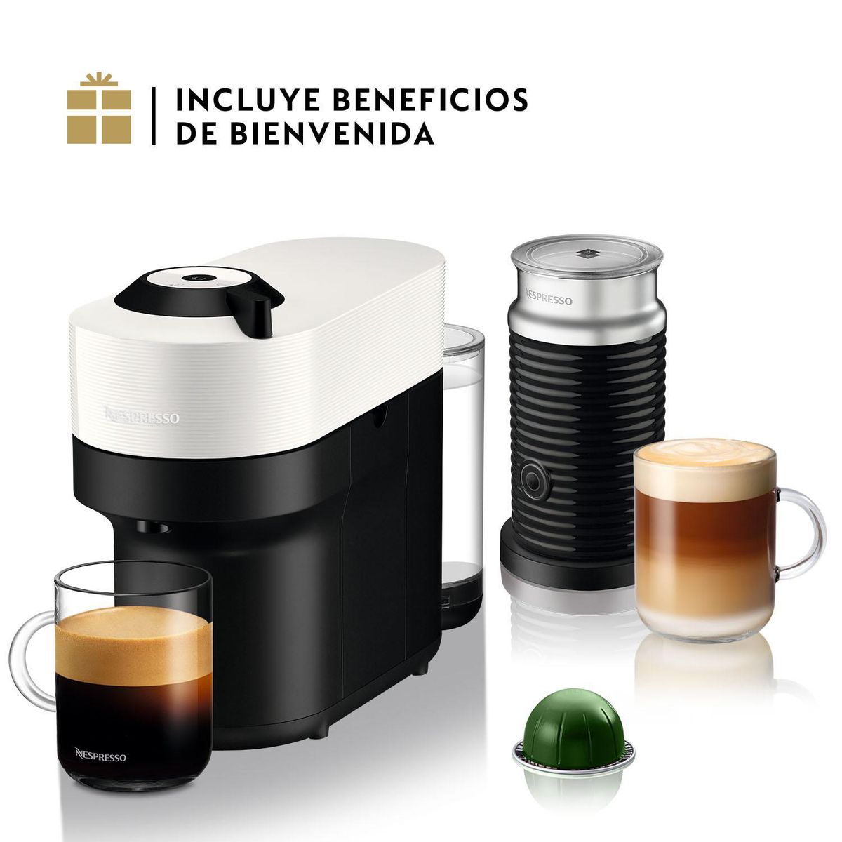 NESPRESSO - Cafetera Nespresso Vertuo Pop Blanco + Espumador de Leche