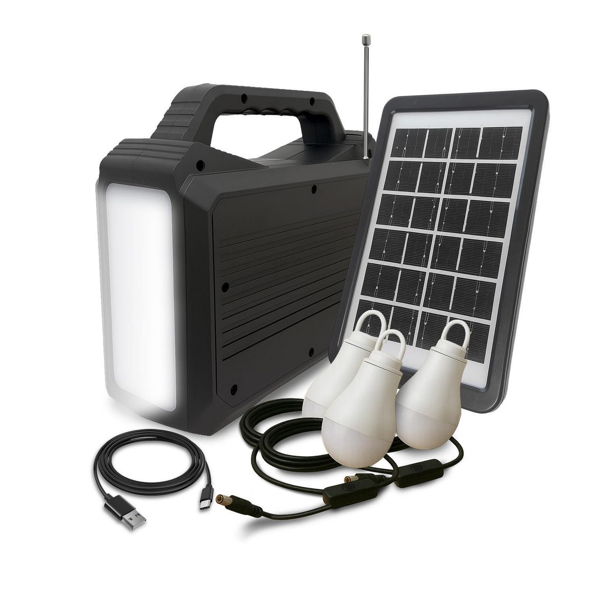 MLAB - Radio bateria emergencia solar con lampara + 3 ampolletas con usb