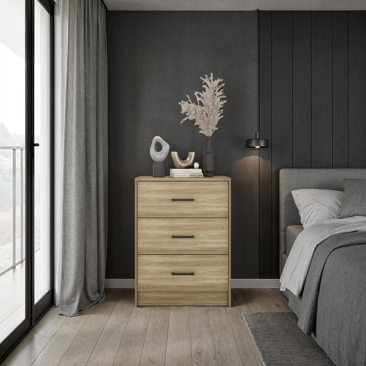 TUHOME - Cómoda 3 Cajón(es) Clay 62.8x67.6x35.5 cm Fresno/Wengue