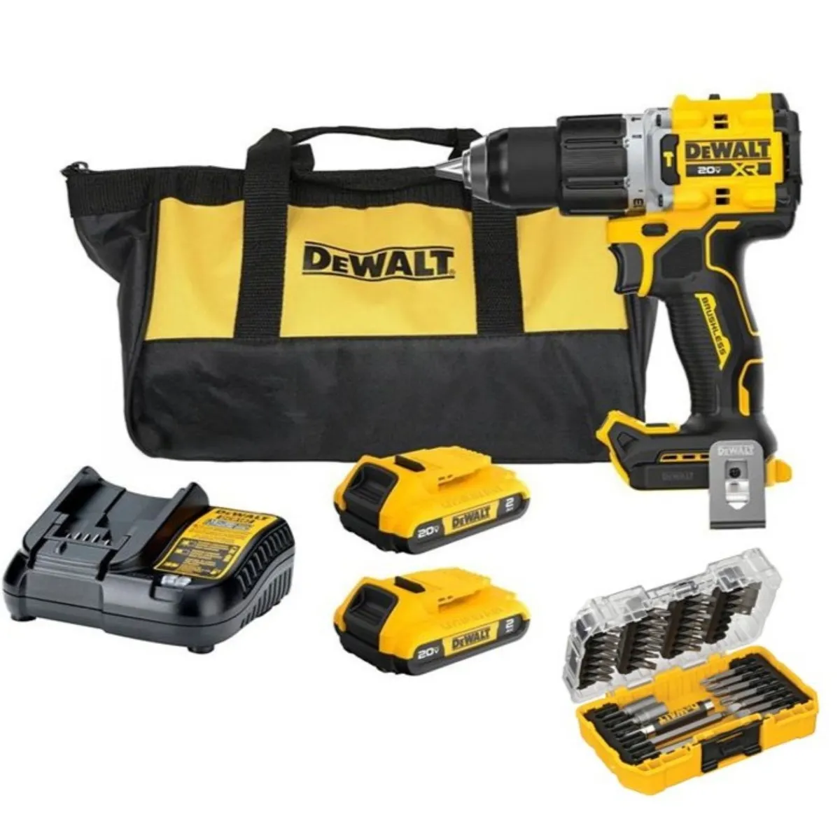 Kit Taladro Percutor 1/2" 20V + 2 Baterías + Cargador + Set de 37 Accesorios, marca DEWALT - Foto Principal