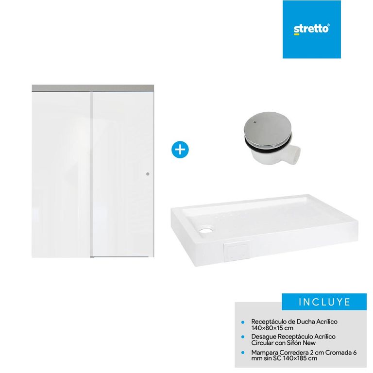 Pack receptaculo 140x80 cm acrilico + mampara 140 + desague