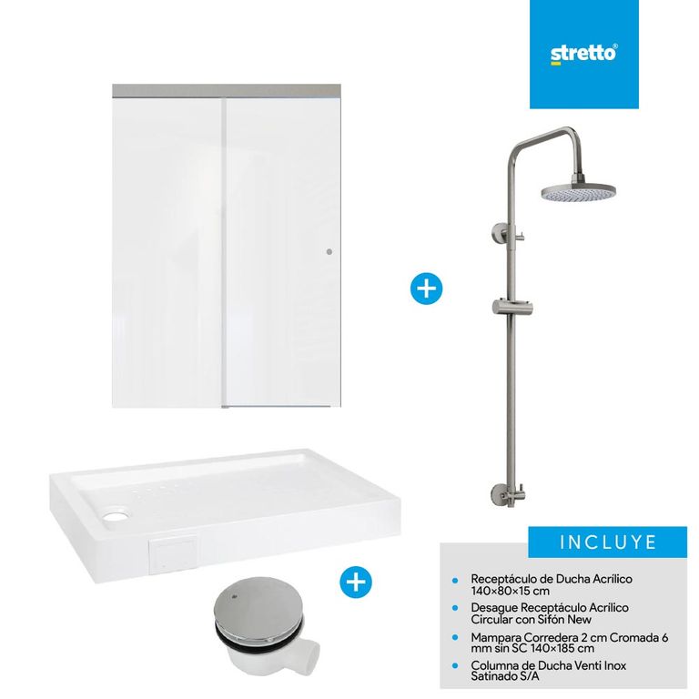Pack receptaculo 140x80 cm acrilico + mampara 140 + columna + desague