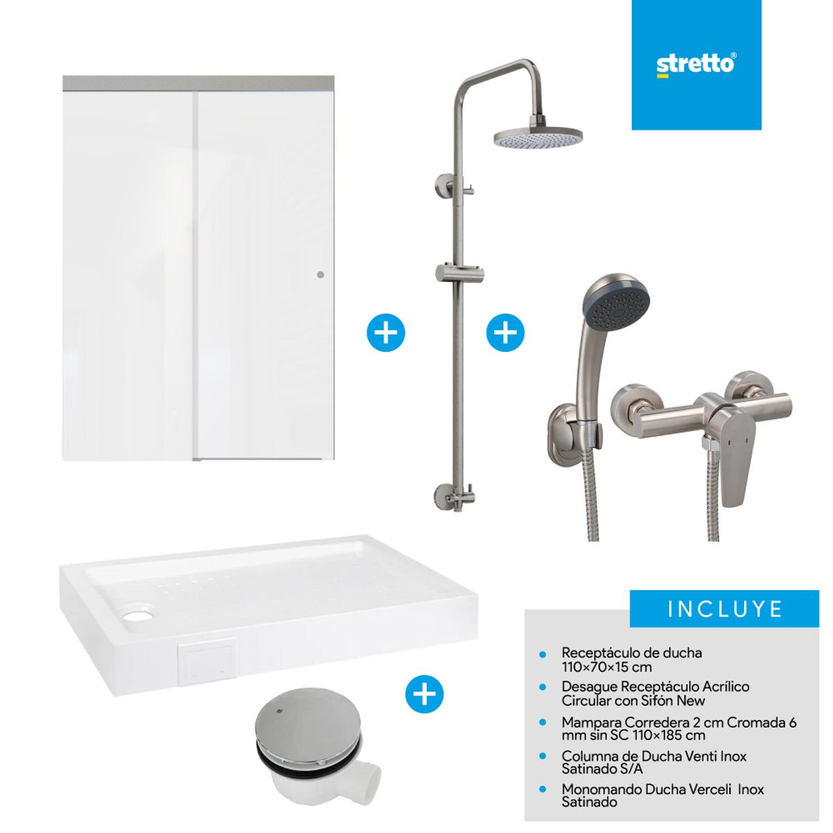 MOSAICO - Pack receptaculo 110x70x15 cm acrilico + Mampara 110 + Columna+Ducha+desague