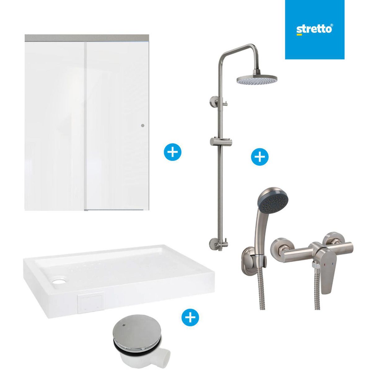 MOSAICO - Pack receptaculo 110x70x15 cm acrilico + Mampara 110 + Columna+Ducha+desague