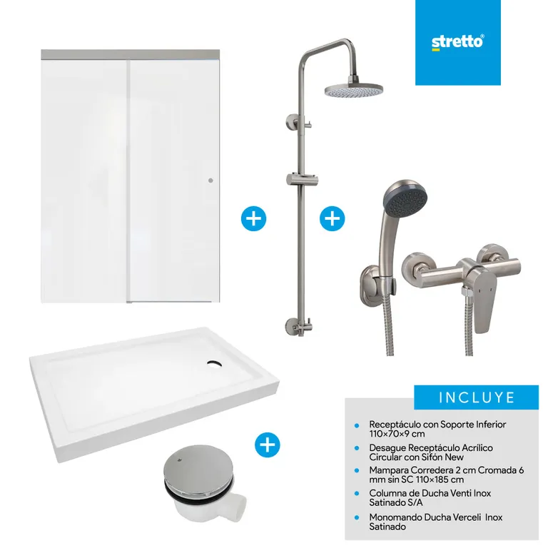 Pack receptaculo 110x70 cm acrilico + Mampara 110 + Columna + ducha + desague