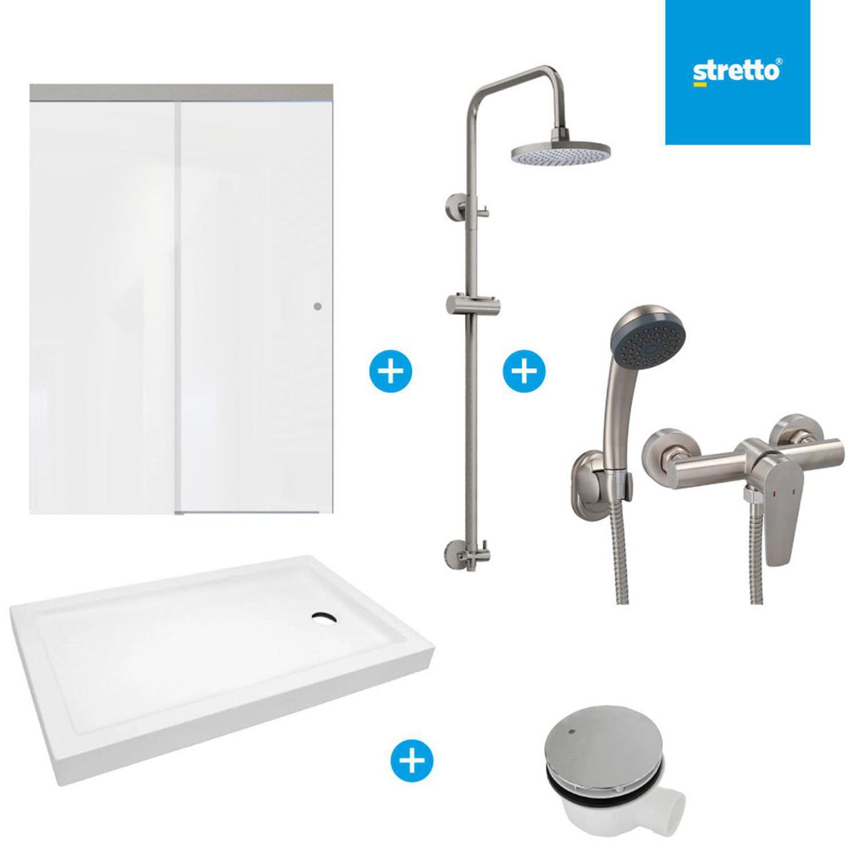 MOSAICO - Pack receptaculo 110x70 cm acrilico + Mampara 110 + Columna + ducha + desague