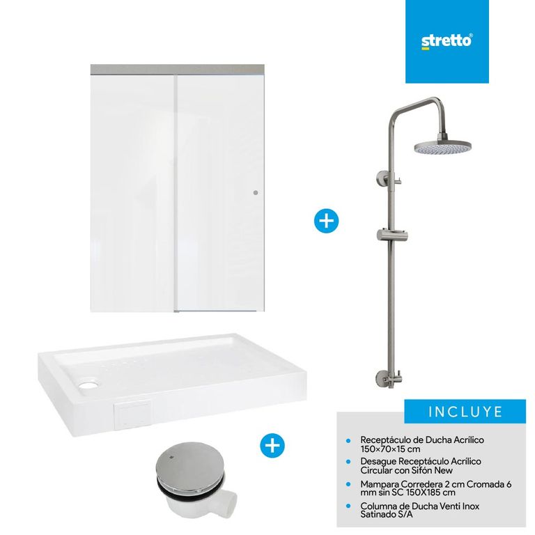 Pack receptaculo 150x70 cm acrilico + mampara 150 + columna + desague