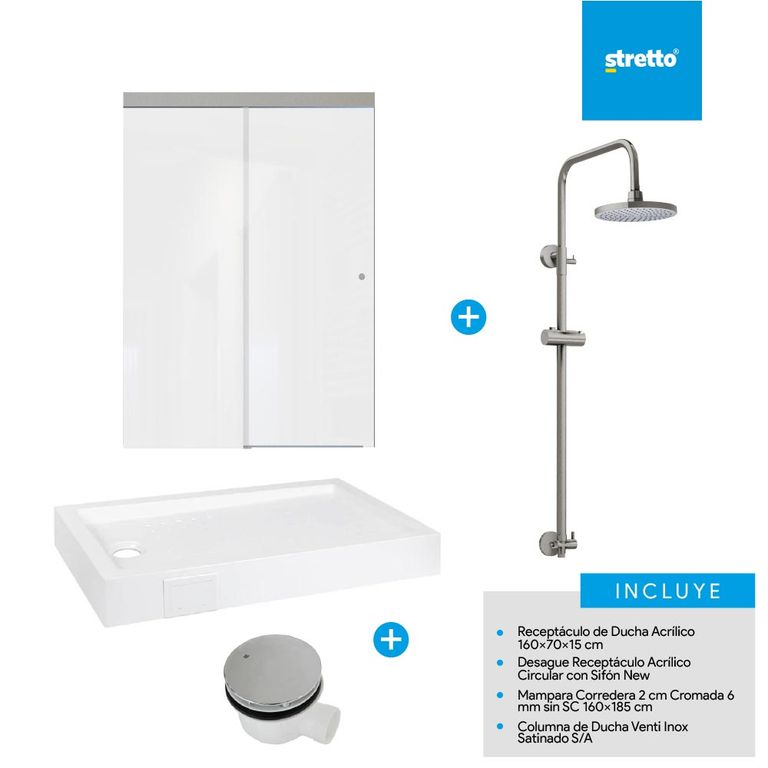 Pack receptaculo 160x70 cm acrilico + mampara 160 + columna + desague