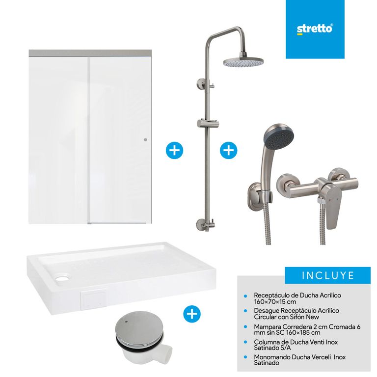 Pack receptaculo 160x70 cm acrilico + mampara 160 + columna + ducha + desague
