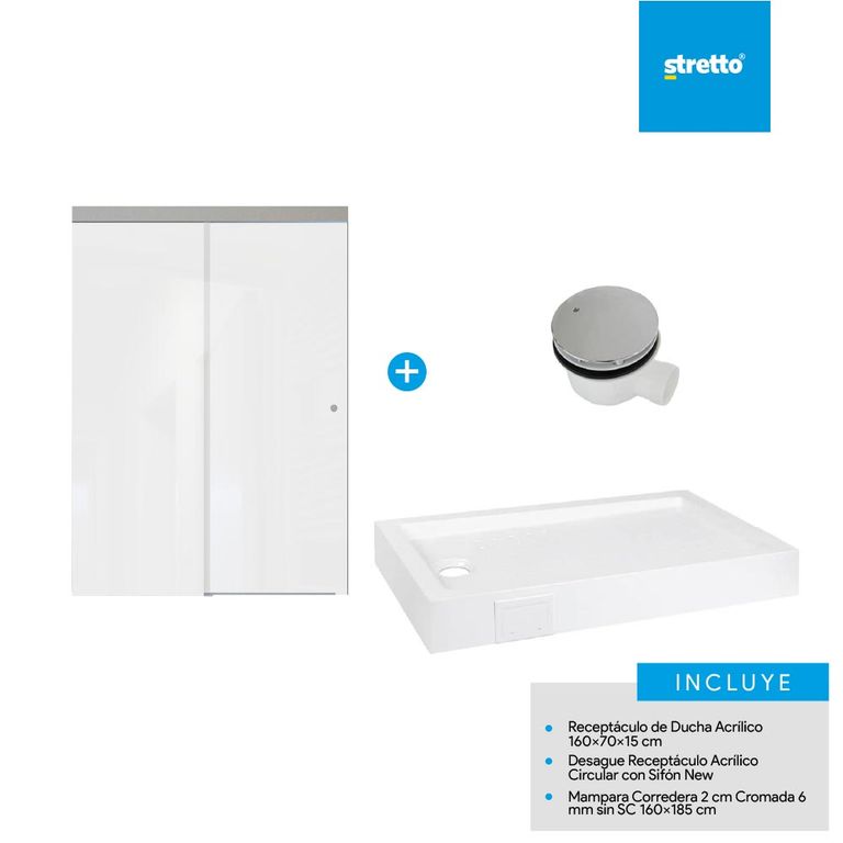 Pack receptaculo 160x70 cm acrilico + mampara 160 + desague
