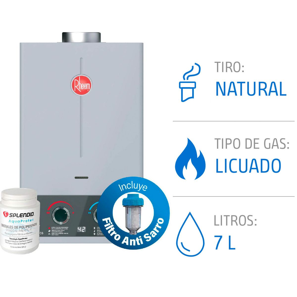 RHEEM - Calefón Gas Licuado 7 Litros + Filtro Antisarro + Recarga Filtro Polifosfato