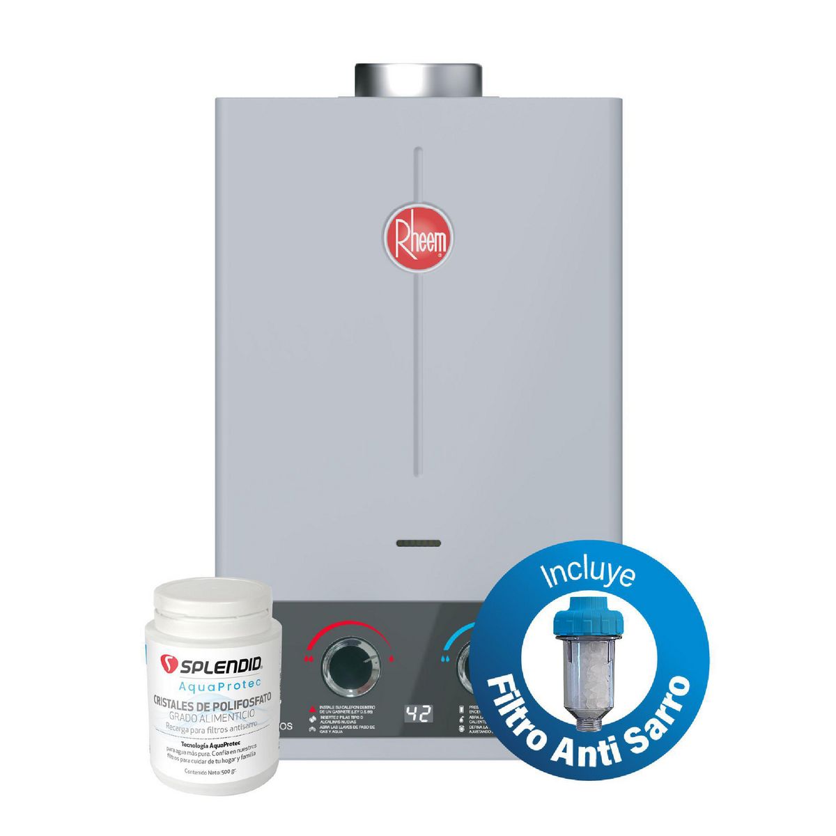 RHEEM - Calefón Gas Licuado 7 Litros + Filtro Antisarro + Recarga Filtro Polifosfato