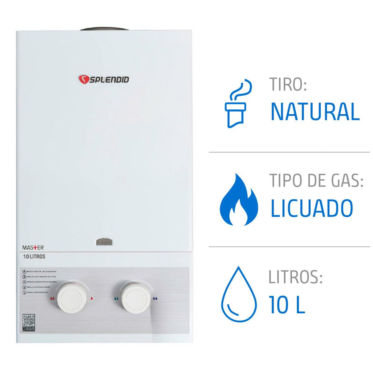 SPLENDID - Calefón Gas Licuado 10 Litros Tiro Natural Ionizado + Gabinete