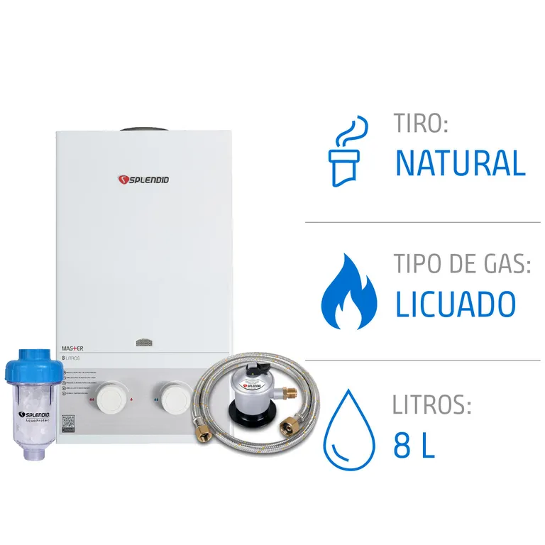 Calefón Gas Licuado 8 Litros Tiro Natural Ionizado + Kit Regulador con Flexible + Filtro Antisarro