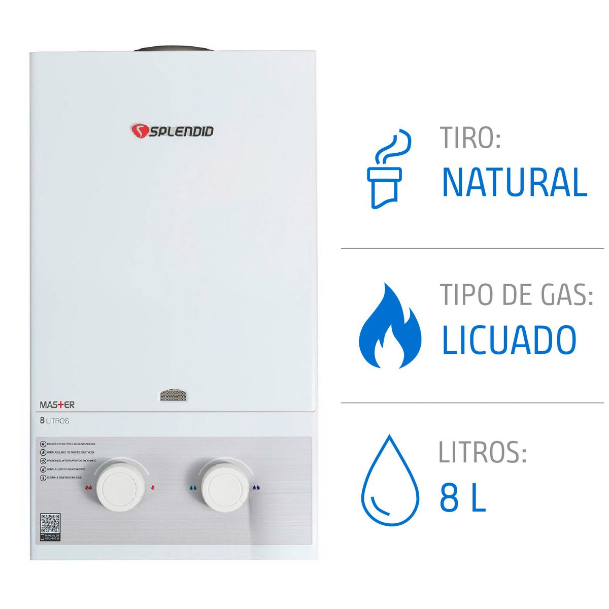 SPLENDID - Calefón Gas Licuado 8 Litros Tiro Natural Ionizado + Kit Regulador con Flexible + Filtro Antisarro