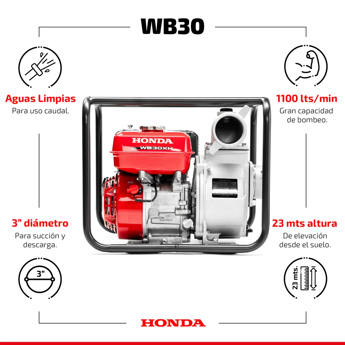 HONDA - Motobomba 3” gasolina, agua limpia alto caudal 1100 L/min