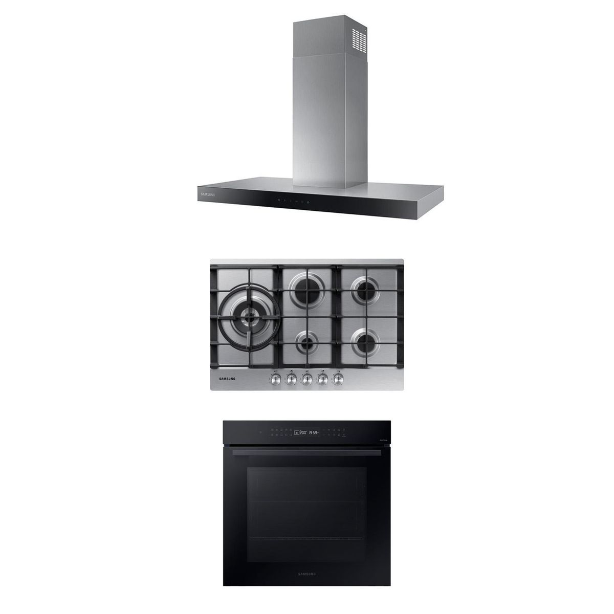 SAMSUNG - Kit Campana Decorativa Táctil 90 cm + Encimera a Gas 5Q Gris + Horno Eléctrico 76 L Wi-Fi Negro