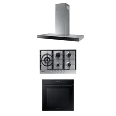 SAMSUNG - Kit Campana Decorativa Táctil 90 cm + Encimera a Gas 5Q Gris + Horno Eléctrico 76 L Wi-Fi Negro