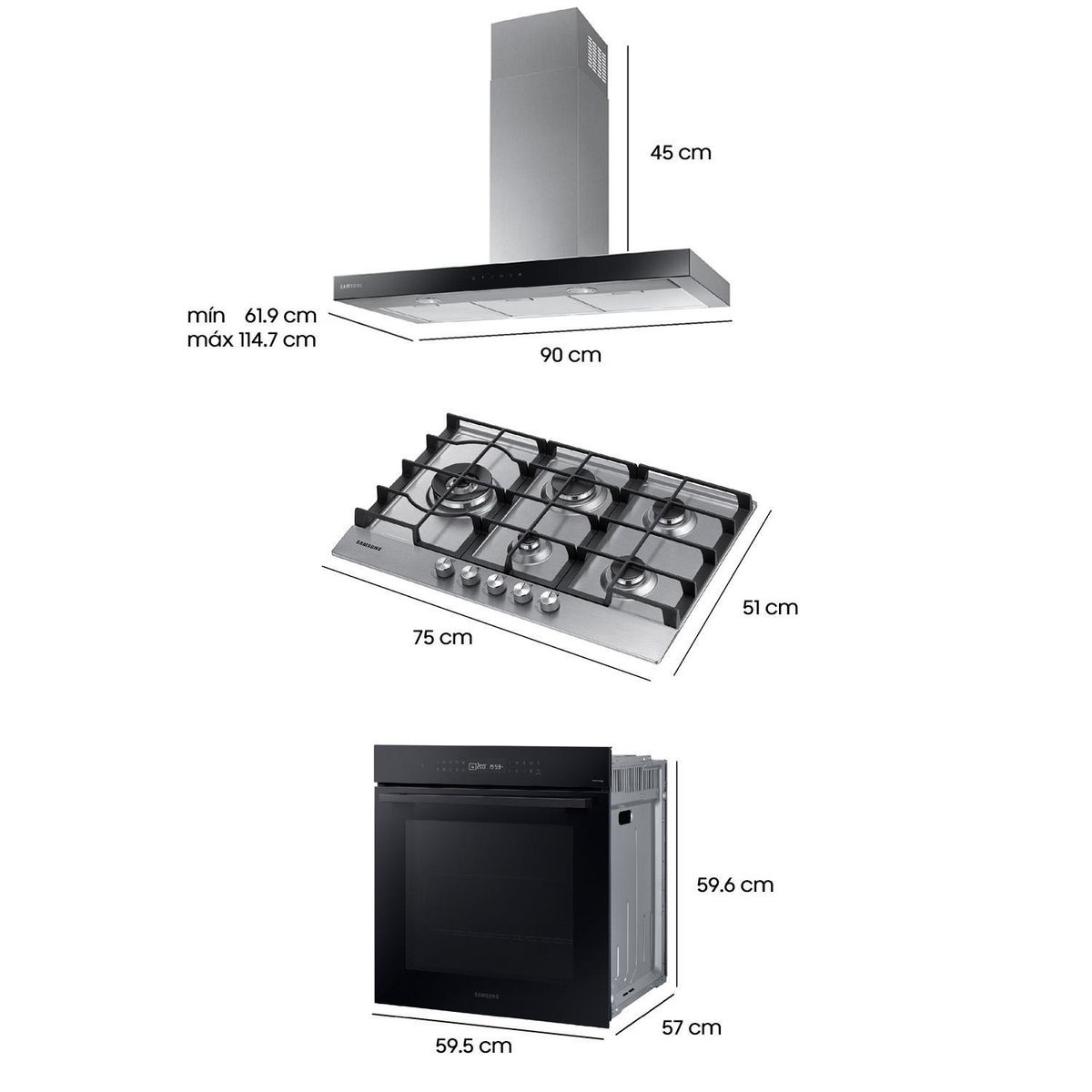 SAMSUNG - Kit Campana Decorativa Táctil 90 cm + Encimera a Gas 5Q Gris + Horno Eléctrico 76 L Wi-Fi Negro