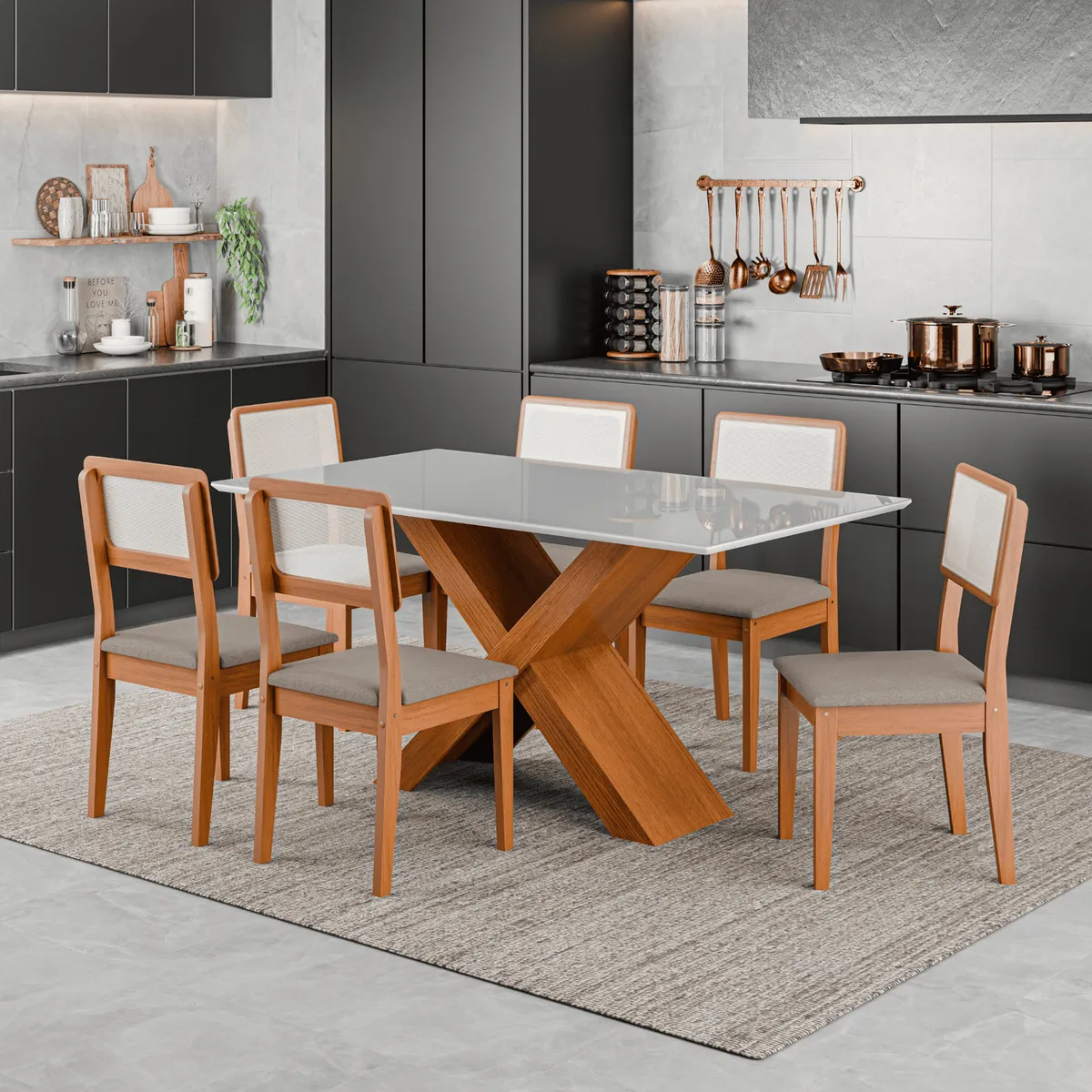 EXIT - Juego de Comedor Dubai + Sillas Santiago 6 Sillas Mesa Rectangular 80 x 160 x 90 cm Blanco