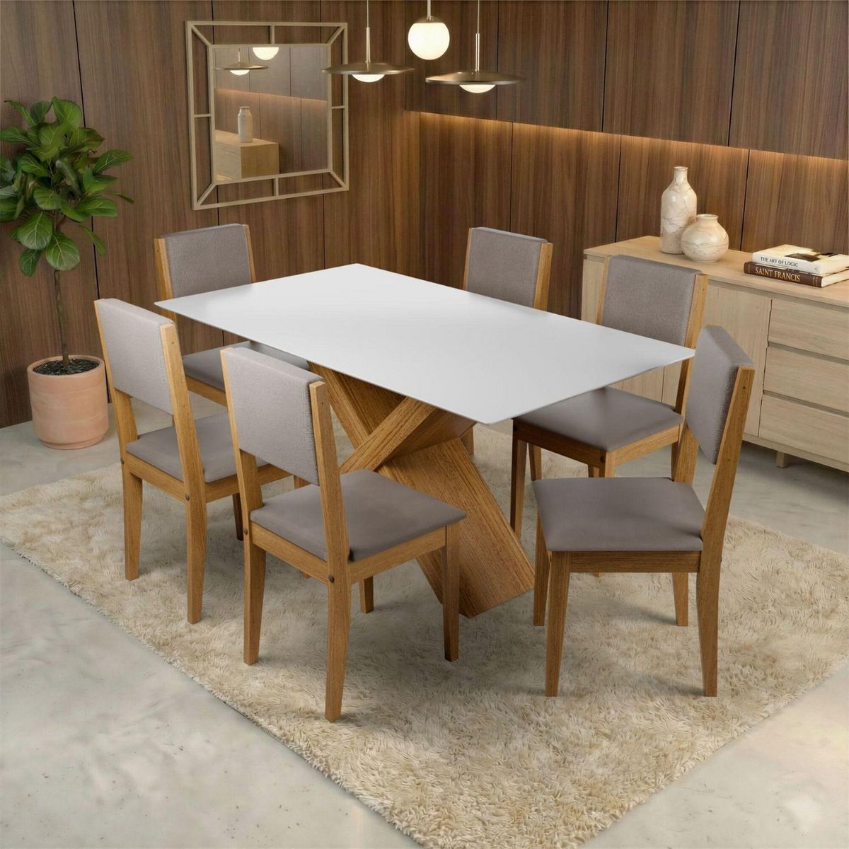 EXIT - Juego de Comedor Dubai + Sillas Trento 6 Sillas Mesa Rectangular 80 x 160 x 90 cm Blanco