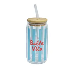 JUST HOME COLLECTION - Botella con bombilla Vidrio 490 ml Celeste