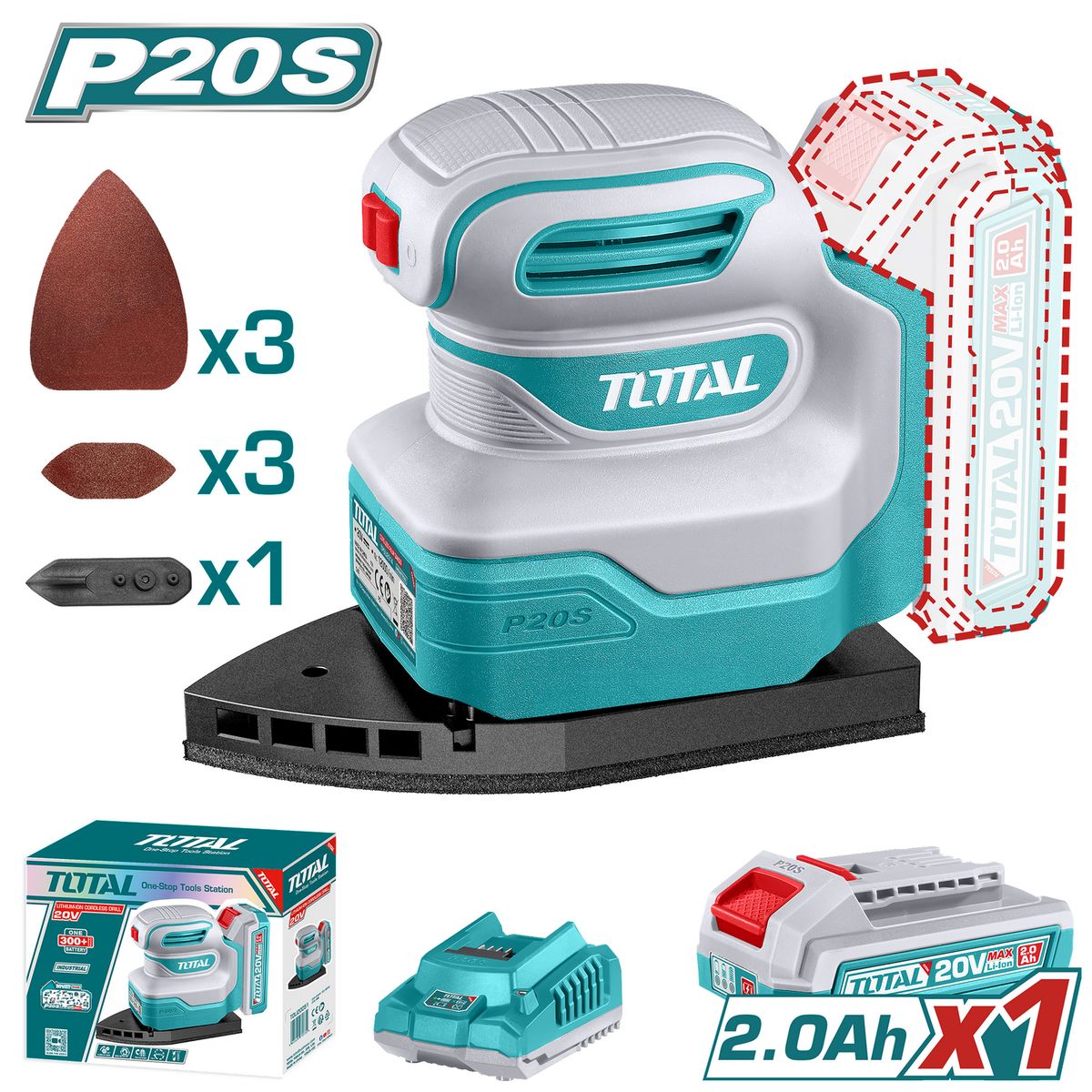 TOTAL - Lijadora orbital de palma 20v inalambrico
