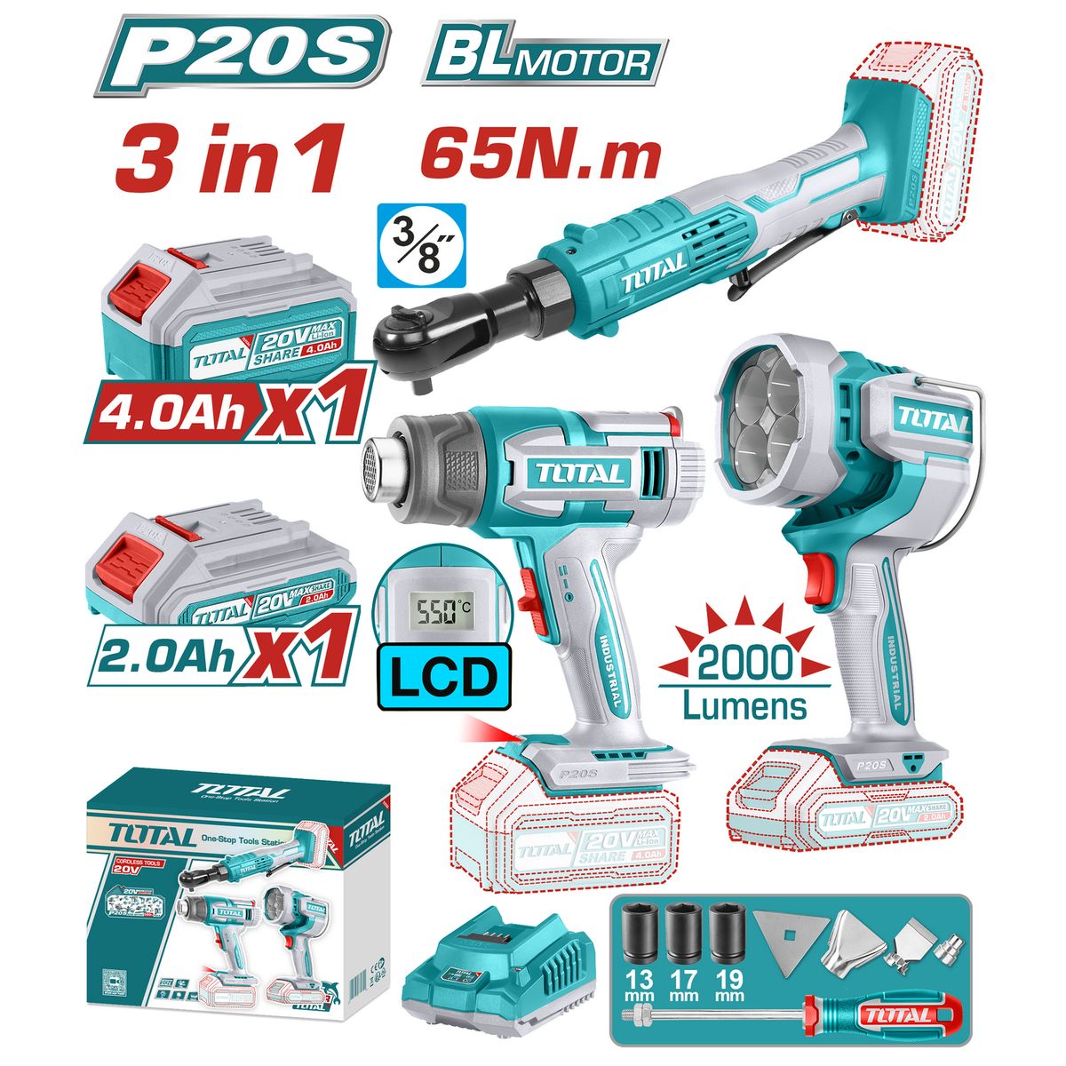 TOTAL - Kit Pistola Calor + Lampara + Chicharra Inalambrico 20V
