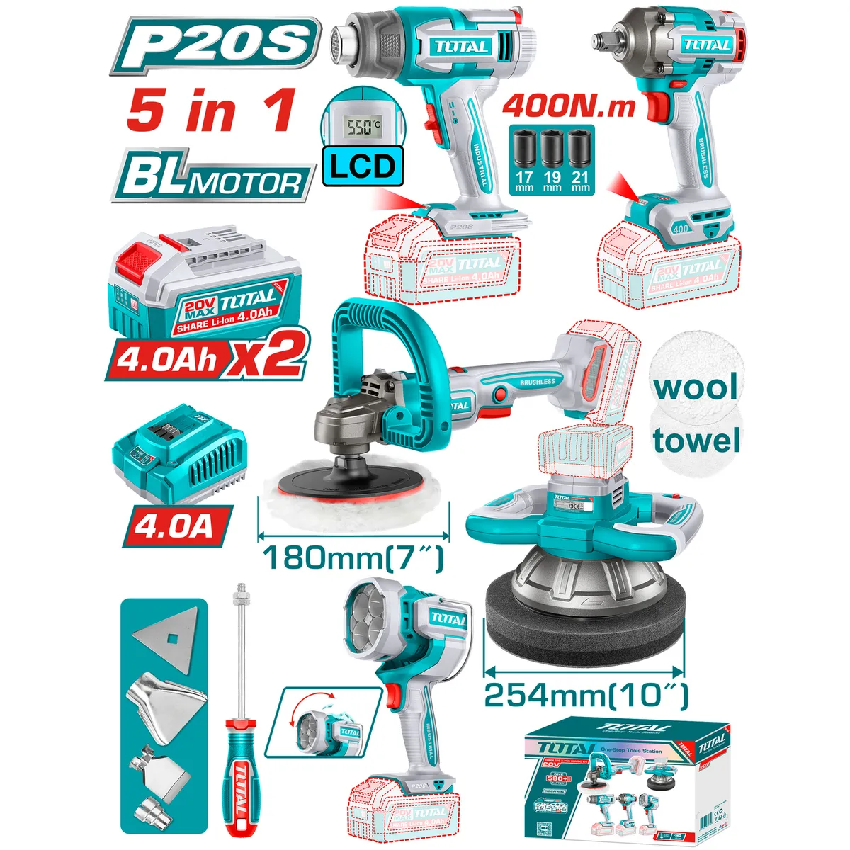 TOTAL - Kit Herramientas Inalambricos Por 5Pzs