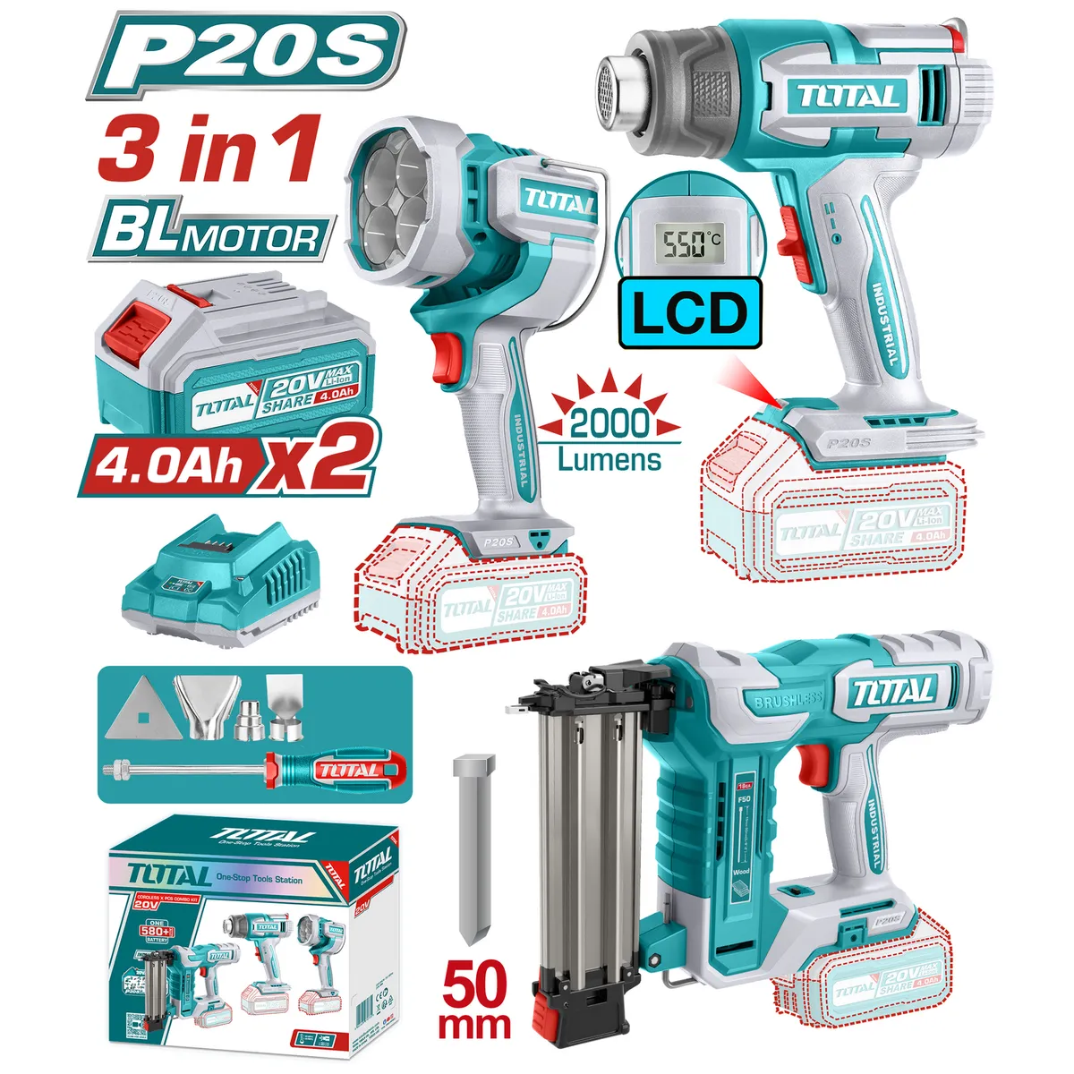 TOTAL - Kit Pistola Calor + Lampara + Clavadora Inalambrica