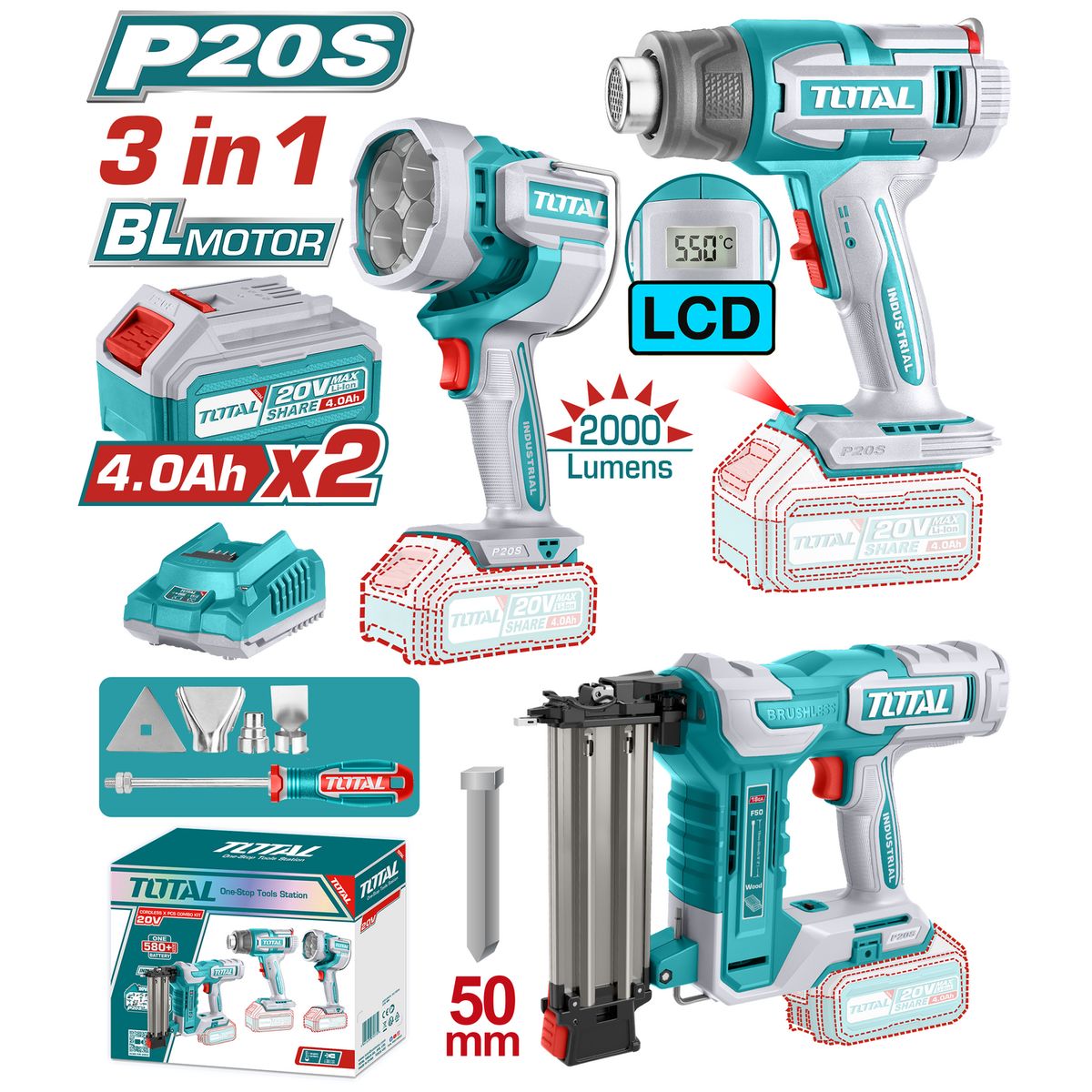 TOTAL - Kit Pistola Calor + Lampara + Clavadora Inalambrica