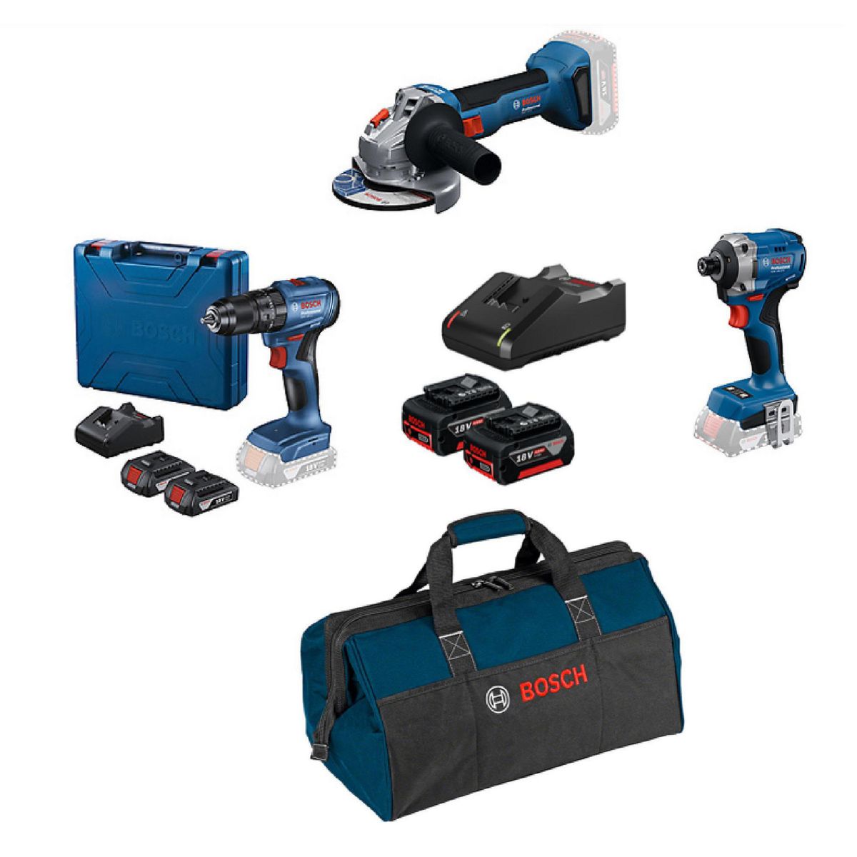 BOSCH - Pack 3 herramientas + baterías + cargador + bolso mediado