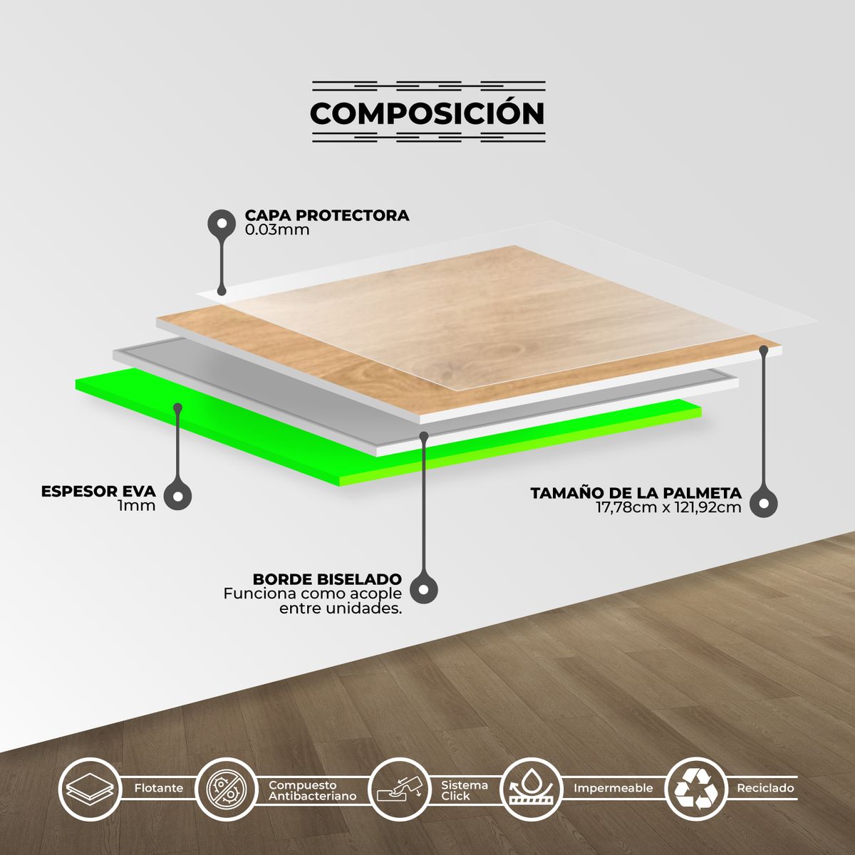 Piso Flotante 5 mm 18.3x122 cm Eva Gris Marmol 2.23 m2, marca HOGA - Foto 2