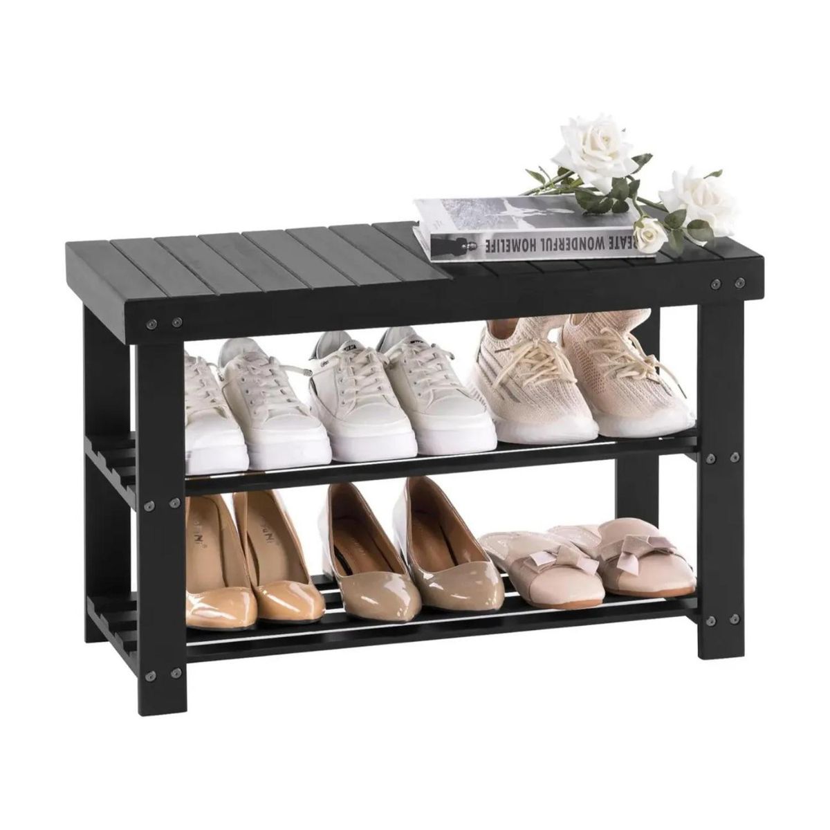 SOHOGAR - Banco zapatero Bambú 2 Nivel(es) 68x45x28 cm Negro