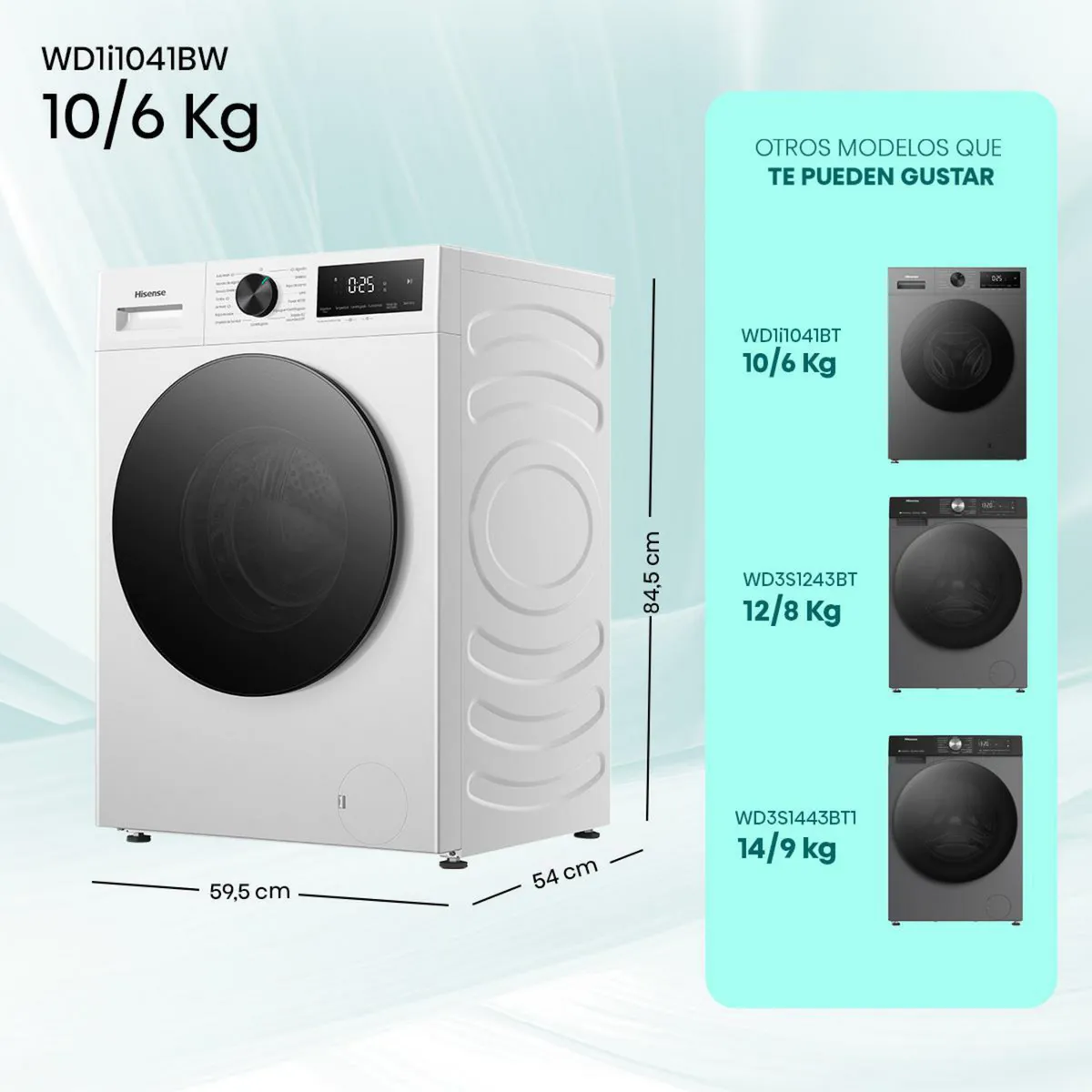 Lavadora-Secadora 10/6 kg Blanco WD1I1041BW, marca HISENSE - Foto 2