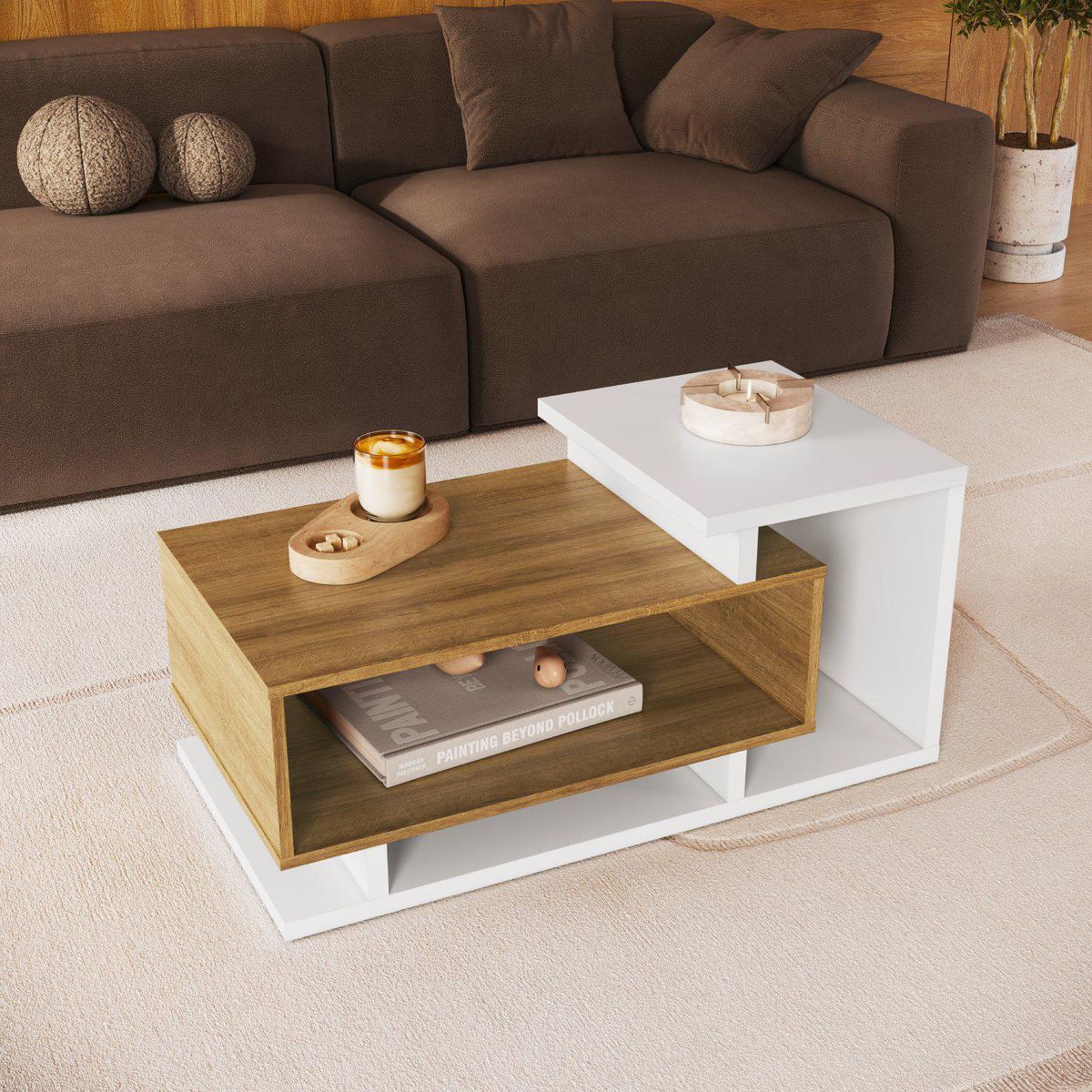 BE DESIGN - Mesa de Centro Bicolor Blanco/Miel 70x40x42 cm