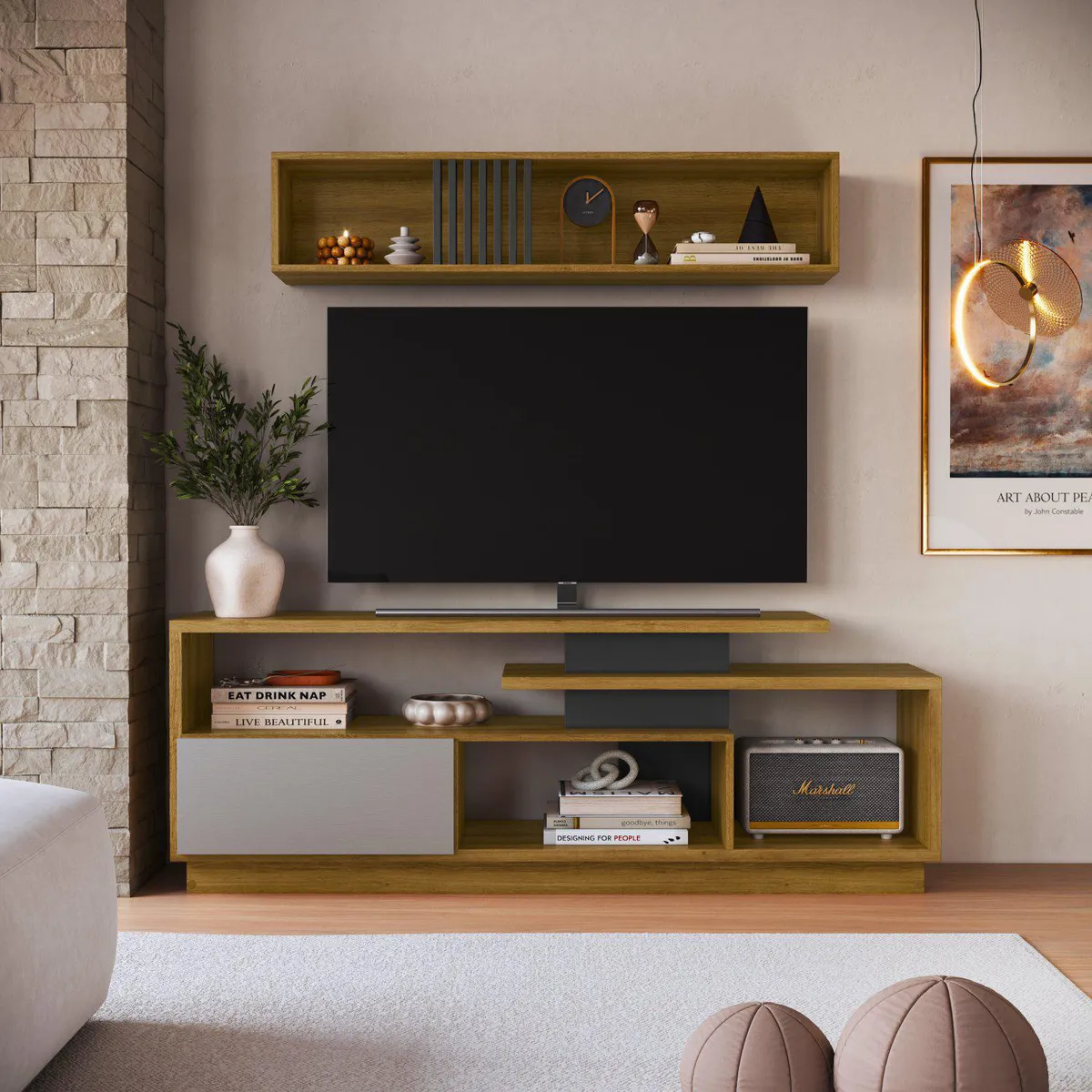 BE DESIGN - Rack TV 60 " con Repisa Miel/Grafito 158x57x37.5 cm