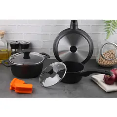 MARMICOC - Bateria de Cocina 5 Piezas Aluminio fundido Therma Orange Negro