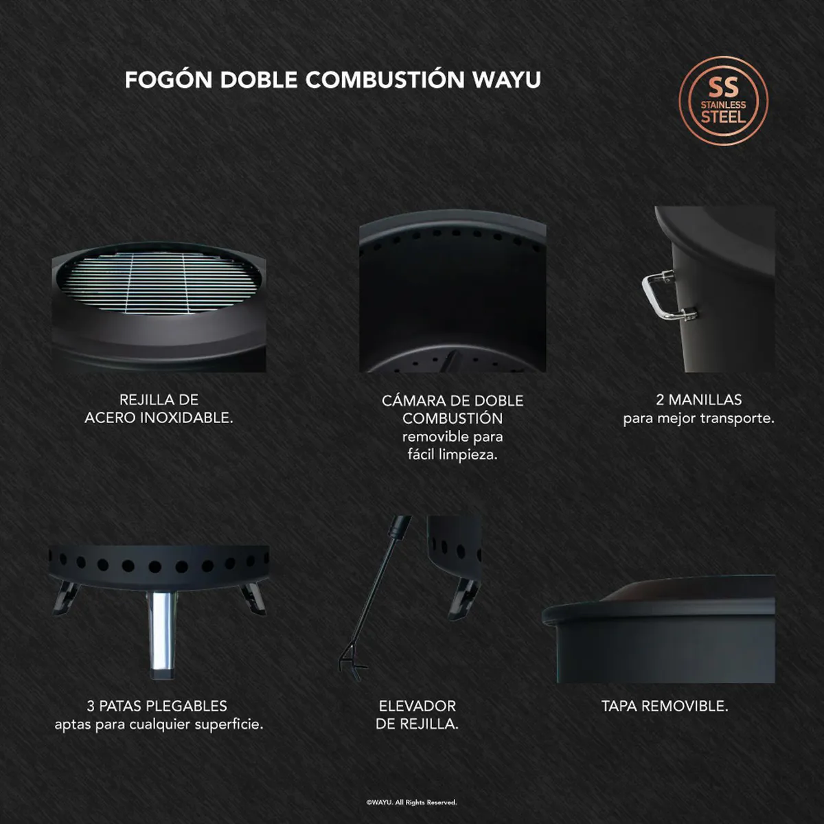 WAYU - Fogón Doble Combustión a LeñaCarbón Hierro Negro