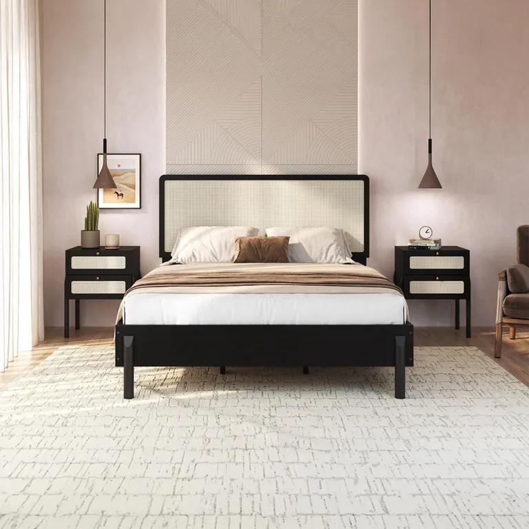 Cama + 2 Veladores + Cómoda King de Estructura Oslo Negro