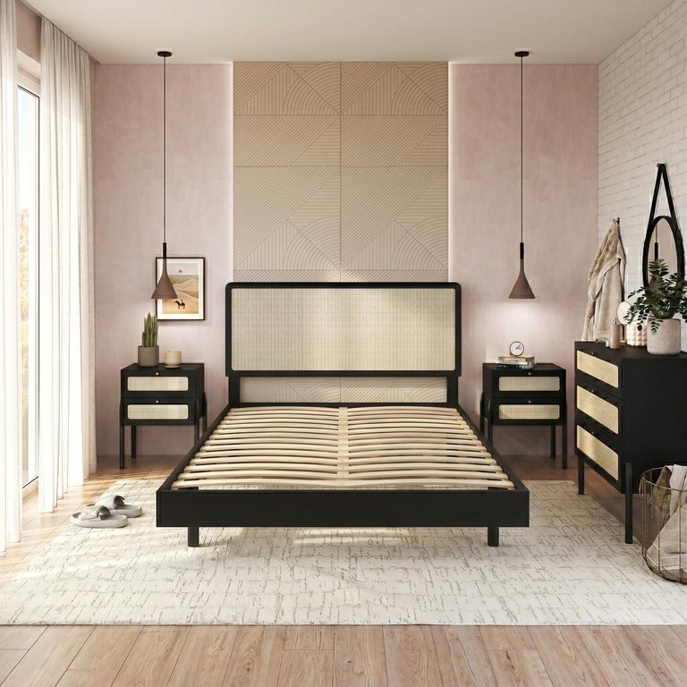 Cama + 2 Veladores + Cómoda 2 plazas de Estructura Oslo Negro