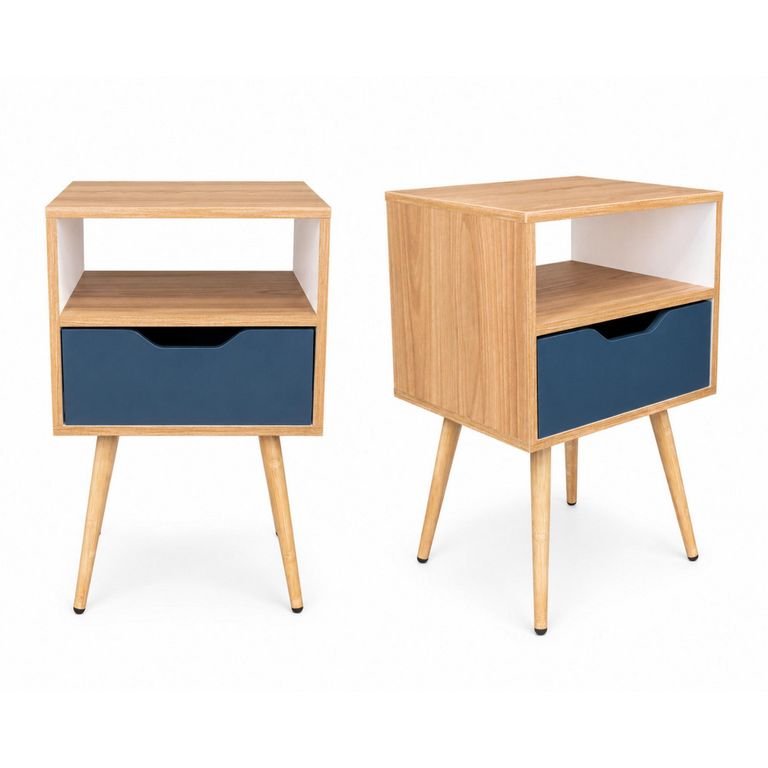 Set 2 Veladores 2 Cajón(es) Otom 40x63x35 cm Fresno europeo/Kronos azul