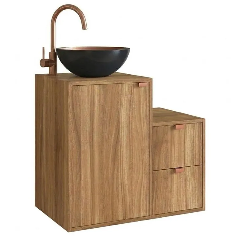 Mueble baño AC1415N Mueble color Nogal. Lavamanos de aluminio color Negro por fuera y Cobre por dentro 62x48x40 cm
